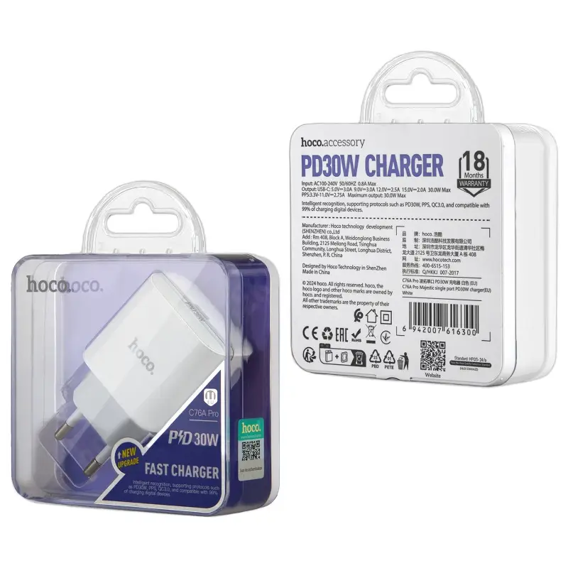 Переходник сетевого зарядного устройства на Type-C 30W C76A Pro HOCO белый