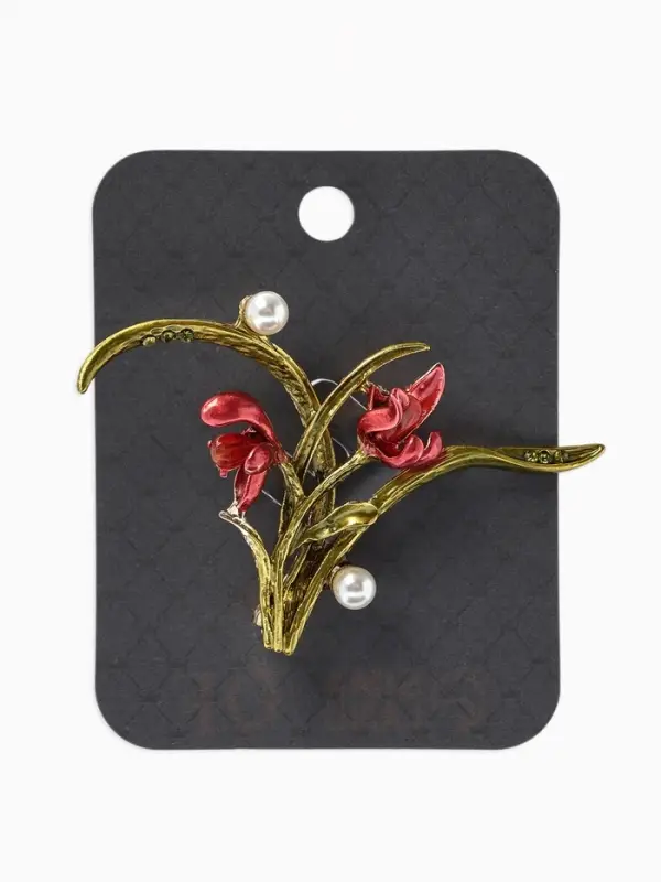 Брошь &laquo;Цветы&raquo; ирисы, жемчуг, цвет красно-зелёный