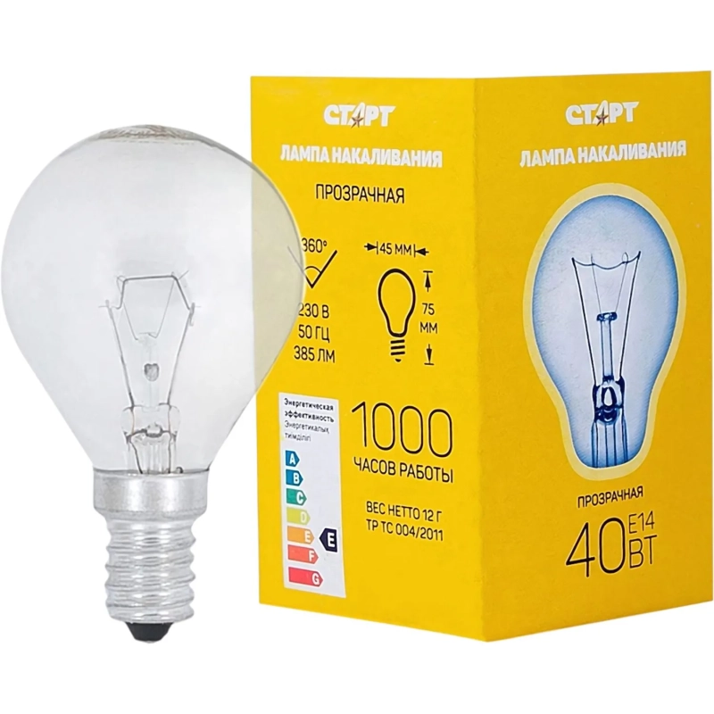 Лампа накаливания СТАРТ шарик/прозрачная 40W E14