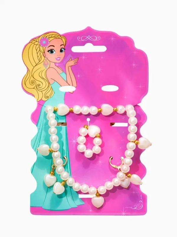 Набор детских украшений &laquo;Выбражулька. Стиль в сердце&raquo; 4 предмета: клипсы, кольцо, бусы, браслет, белый в золоте