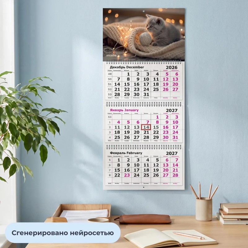 Календарь настенный 3-х блочный 2027 Attache котенок с клубком 305х675мм