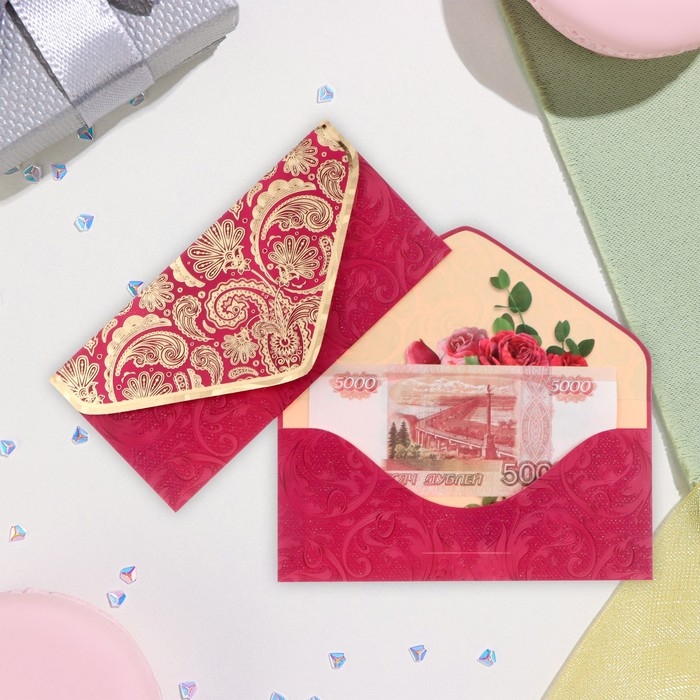 Конверт для денег  Конверт для денег "Универсальный" глиттер, тиснение, золотистые узоры, 19х9,2 см