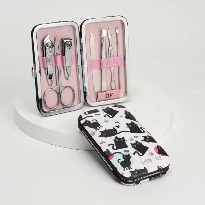 Набор маникюрный &laquo;Мур-мяу&raquo;, 7 предметов, в футляре, чёрный, белый