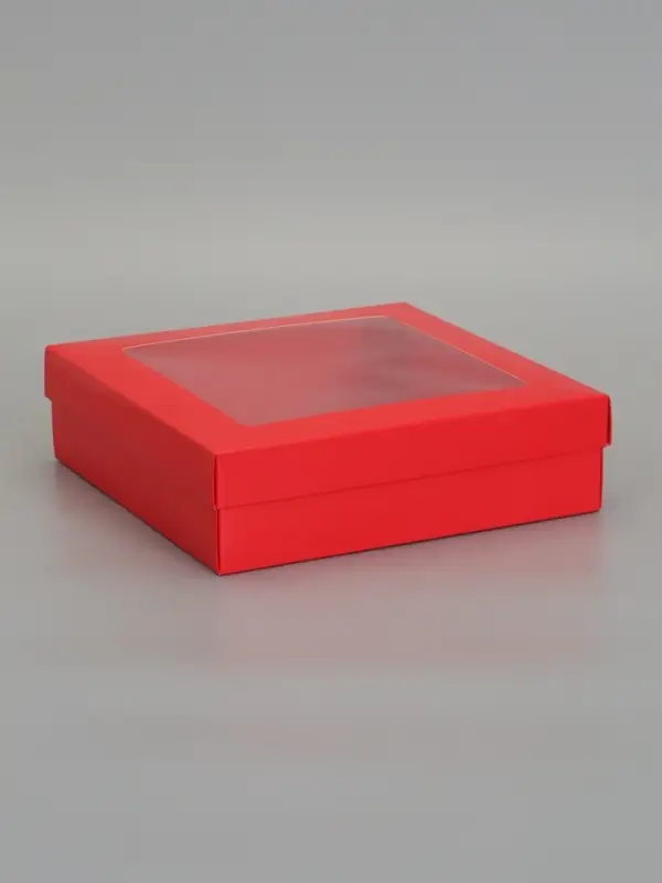 Коробка складная, крышка-дно,с окном, красная, 23 х 23 х 6,5 см