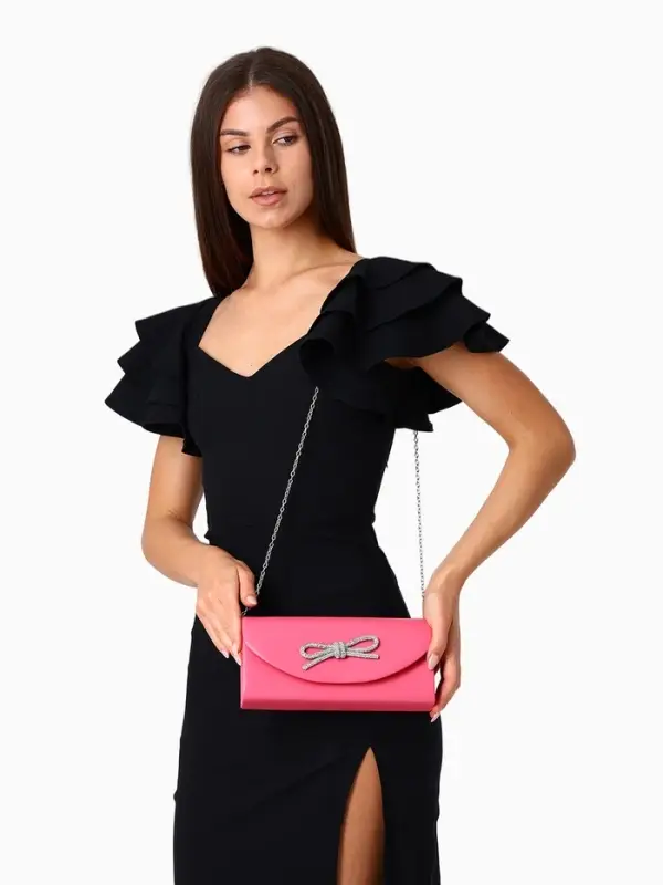 Сумка-клатч женская вечерняя на магните, на длинной цепочке, с декоративным бантом, розовая