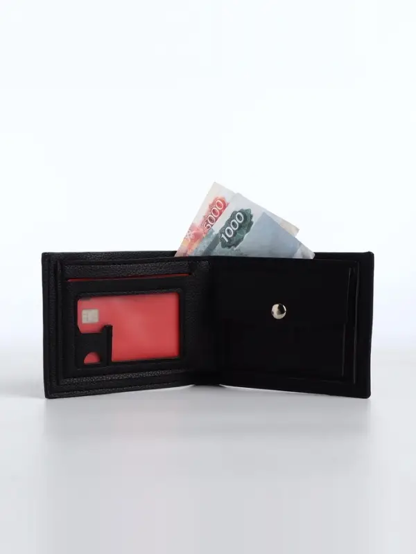 Портмоне мужское, без застёжки, отдел для карт, монет, чёрное