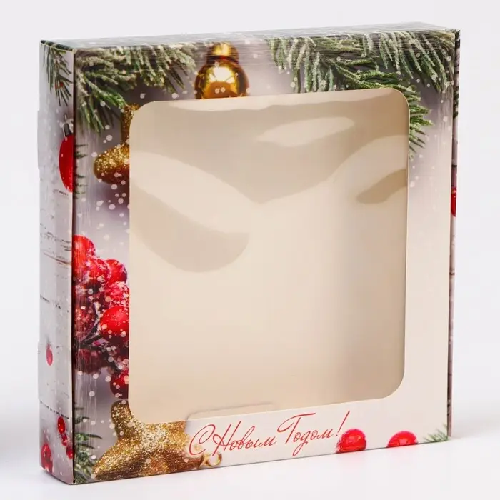 Подарочная коробка сборная с окном «Новогодние веточки», 16×16×3 см Подарочная коробка сборная с окном «Новогодние веточки», 16×16×3 см