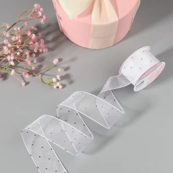 Лента капроновая, со стразами, 38 мм &times; 9.1 &plusmn; 0.5 м, цвет белый