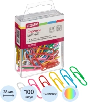 Скрепки Attache с полимерным покрытием,28 мм,разноцветные,европод,100 шт/уп