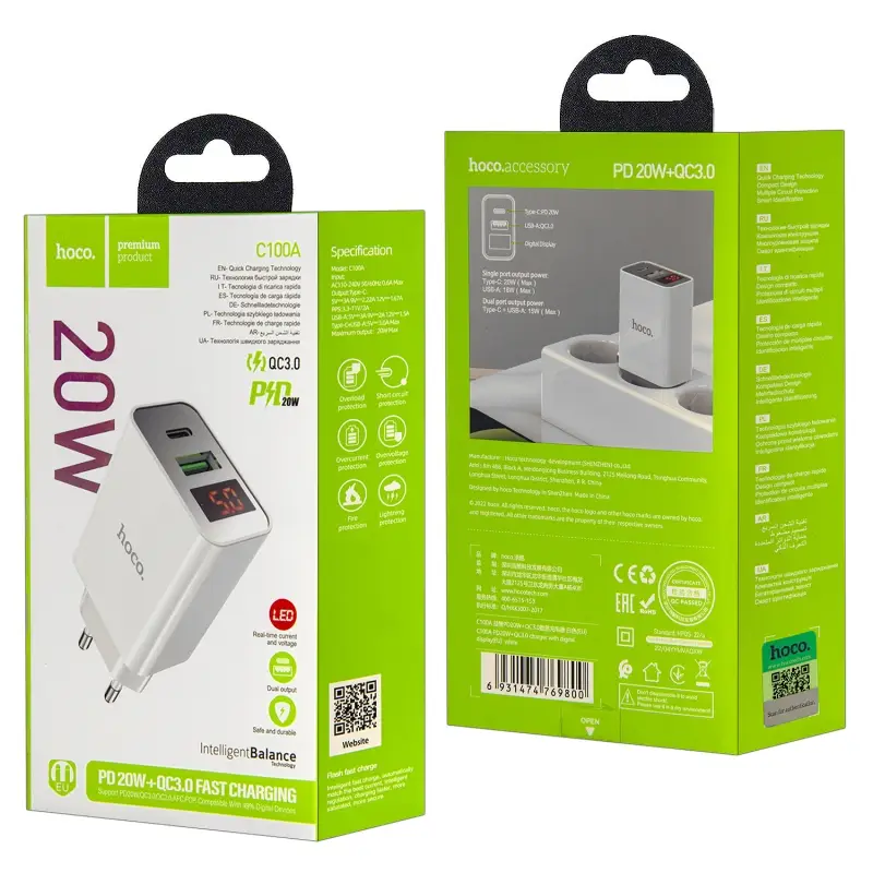 Переходник C100A СЗУ на USB QC3.0 + Type-C PD20W HOCO белый Переходник C100A СЗУ на USB QC3.0 + Type-C PD20W HOCO белый