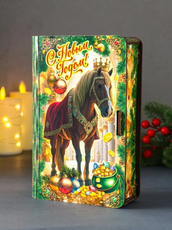 Книга-шкатулка новогодняя Конь в мантии с короной "С Новым годом!"19х13х5 см
