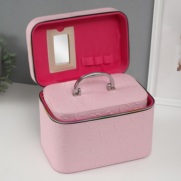 Шкатулка кожзам с зеркалом Шкатулка кожзам с зеркалом "Сердца" св-розовая набор 3 шт 19х10,5х10,5 21х13х14 15х23х17 см