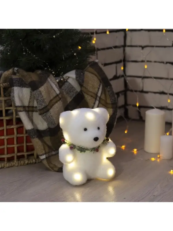 Светодиодная фигура &laquo;Мишка&raquo; 15&times;16&times;12 см, флок, от батареек CR2032&times;2, свечение тёплое белое