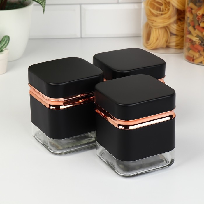 Банки стеклянные для хранения сыпучих продуктов «Классика», 500 мл, 9,5×11,8 см, 3 шт, цвет чёрный