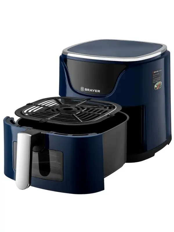 Аэрогриль BRAYER 2036BR, 5 литров, 1500 Вт, 7 программ, 200°С, LCD-дисплей, таймер, решётка, синий