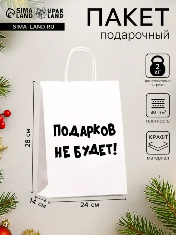 Пакет бумажный подарочный новогодний крафт с приколами, &laquo;Подарков не будет!&raquo;, белый, 28&times;24&times;14 см
