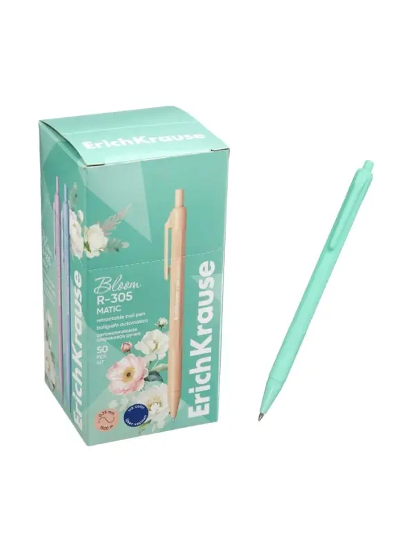 Ручка шариковая автоматическая ErichKrause R=305 Matic Pastel bloom, узел 0.7 мм, синяя, 4 В