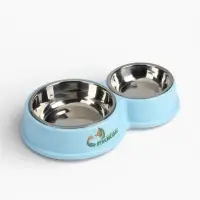 Миска двойная, 28&times;17.3&times;5 см, на пластиковом основании, металл, голубая