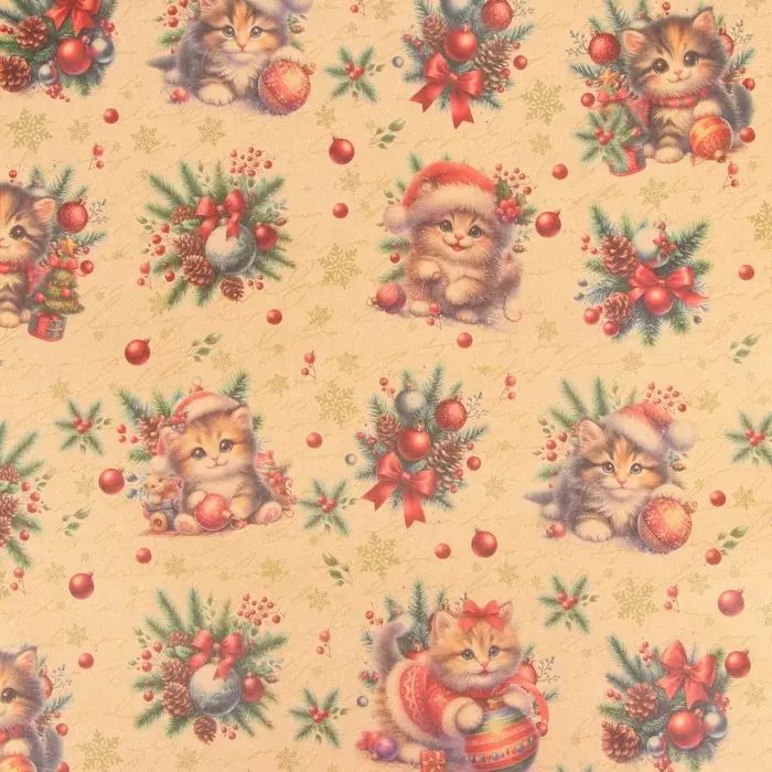 Бумага упаковочная новогодняя «Котик», бурый крафт, 80 г/м² , 50×70 см