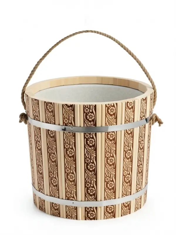 Ведро из липы, 15л,  пластиковая вставка, ручка-веревка "Русские узоры"
