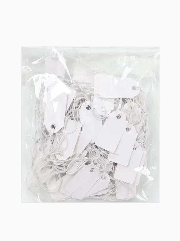 Ценники на верёвке, 100 шт. отверстие 3 мм, 1.3&times;2.6 см, белый