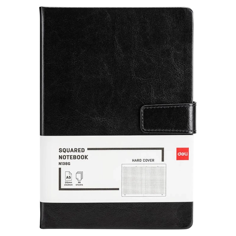 Блокнот Deli А5 96л 80 г/м тверд.облож,магнит клетка 5x5мм черн кожа EN138G