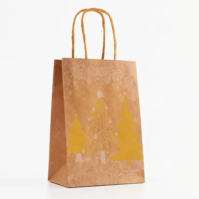 Пакет крафт с золотым тиснением, круглая ручка, Пакет крафт с золотым тиснением, круглая ручка, "Рожденственский лес" 15 х 21 х 8 см, 120 г