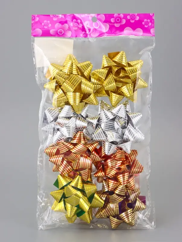 Подарочный Бант - звезда №7.5, металлик с рисунком, для упаковки подарков, набор 8 шт., МИКС