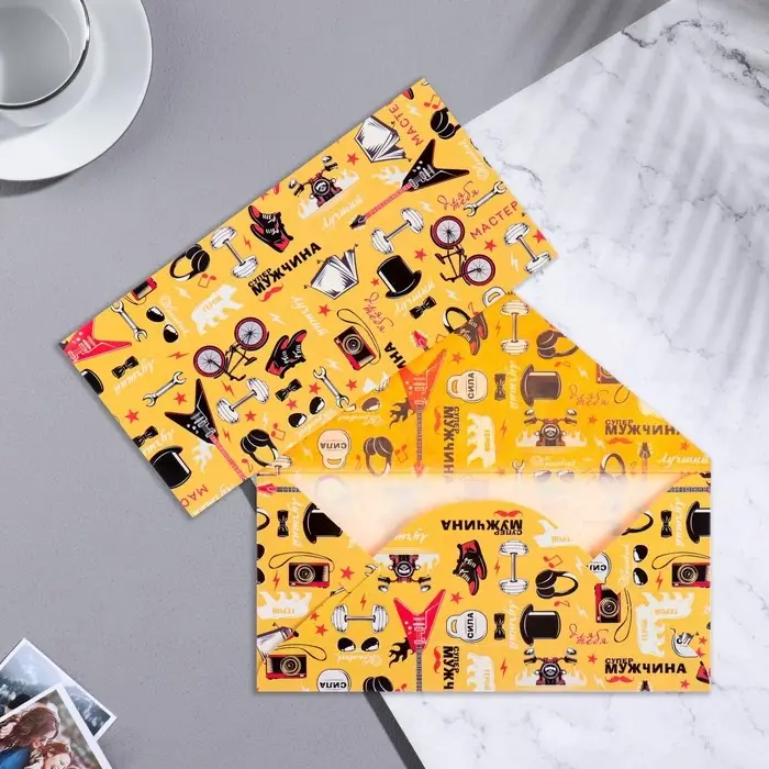 Конверт для денег "Супер мужчина" гитара, шляпа, оранжевый фон, 16,5х8 см