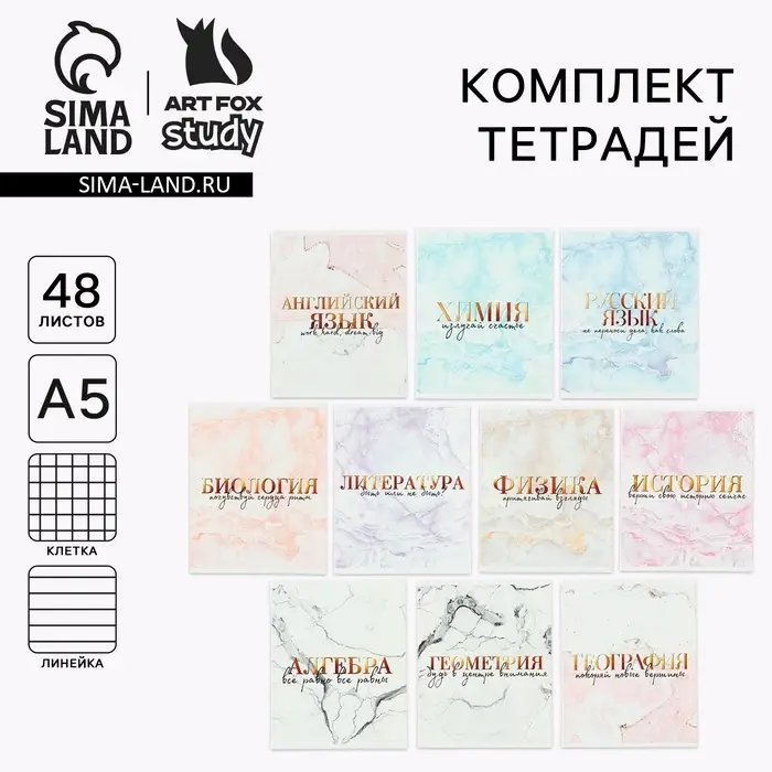 Тетради предметные, 48 л., набор из 10 шт. &laquo;Мрамор&raquo;