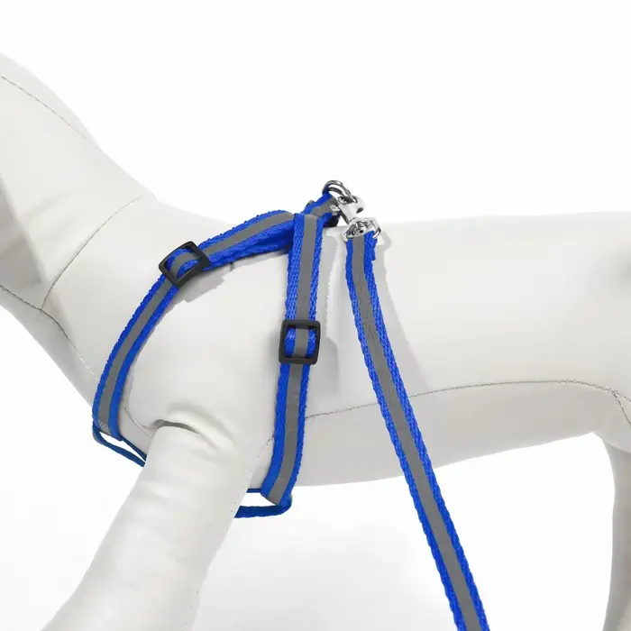 Комплект со светоотражающей лентой, ширина 1 см, поводок 120 см, шлейка 26-40 см, синий