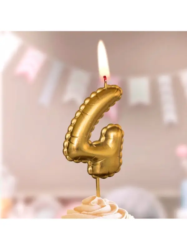 Свеча в торт на шпажке "Воздушая цифра", цифра "4", золото