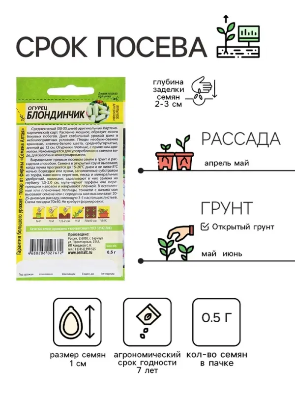 Семена Огурец Семена Огурец "Блондинчик", среднеспелый, цп, 0,5 г