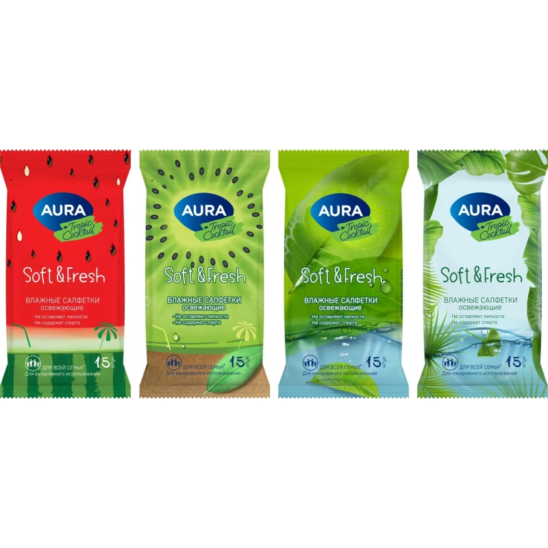 Салфетки влажные освежающие AURA TROPIC COCKTAIL  pocket-pack 15шт КК/110