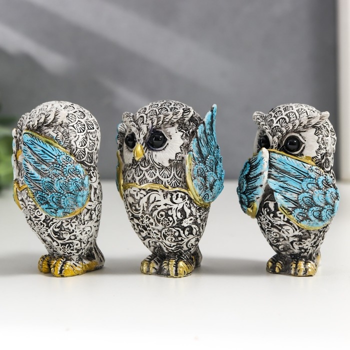 Сувенир полистоун Сувенир полистоун "Филин - не вижу, не слышу, не скажу" серо-голубой МИКС 7х4,5х3,5 см