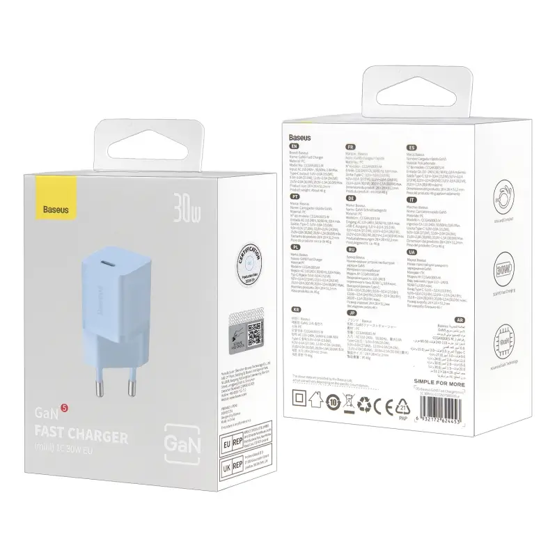 Переходник СЗУ на Type-C PD30W GAN5 CCGN070603 Baseus голубой Переходник СЗУ на Type-C PD30W GAN5 CCGN070603 Baseus голубой