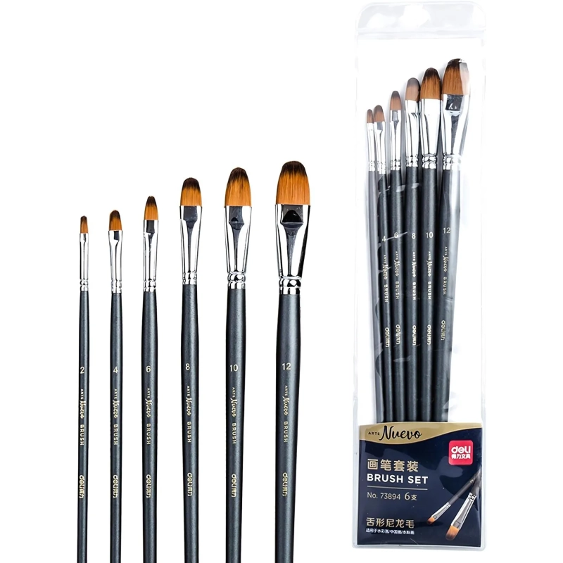 Набор кистей худож.DELI 73894 нейлон плоскоовал,ср.жестк,корот.ручк,6шт/наб