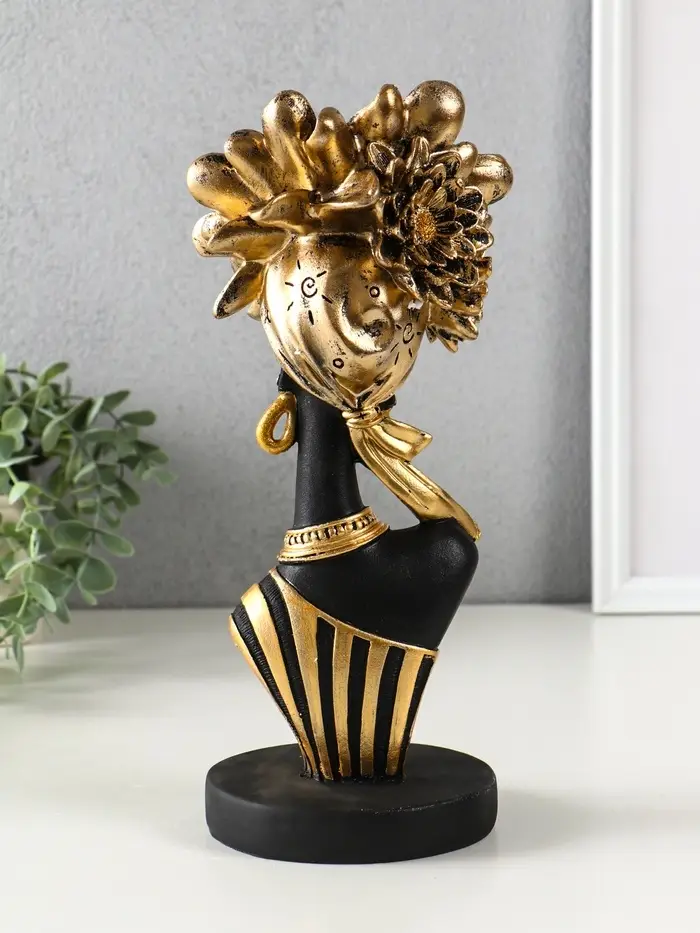 Бюст полистоун "Девушка с золотым цветком, в полосатом наряде" чёрный 12,3х11,5х31,5 см Бюст полистоун "Девушка с золотым цветком, в полосатом наряде" чёрный 12,3х11,5х31,5 см