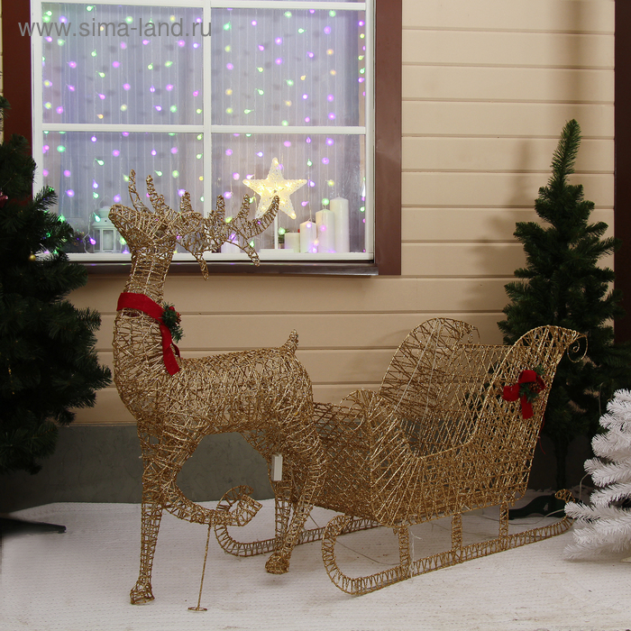 Светодиодная фигура «Олень с санями золотистый», олень: 65 × 130 × 27 см, сани: 120 × 70 × 45 см, металл, 220 В, свечение тёплое белое Светодиодная фигура «Олень с санями золотистый», олень: 65 × 130 × 27 см, сани: 120 × 70 × 45 см, металл, 220 В, свечение тёплое белое