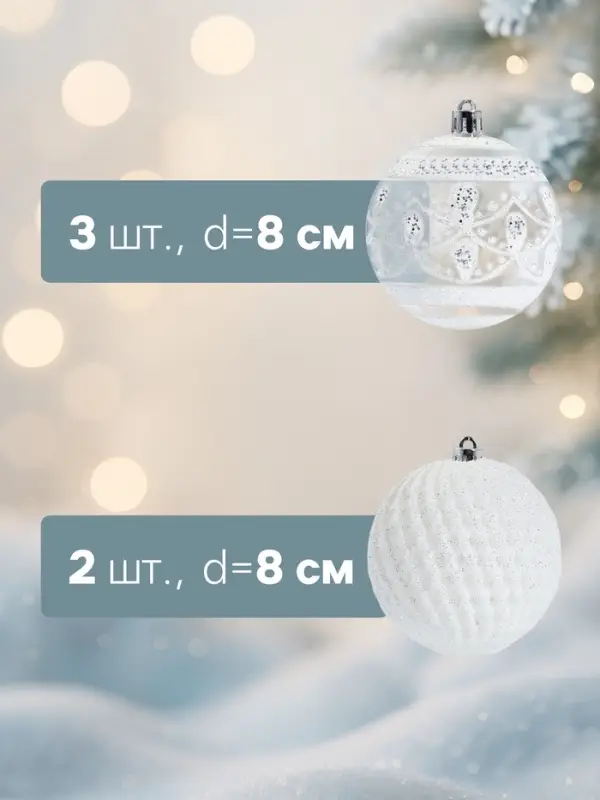 Ёлочные шары &laquo;Изморозь&raquo;, d=8 см, набор 5 шт., белые
