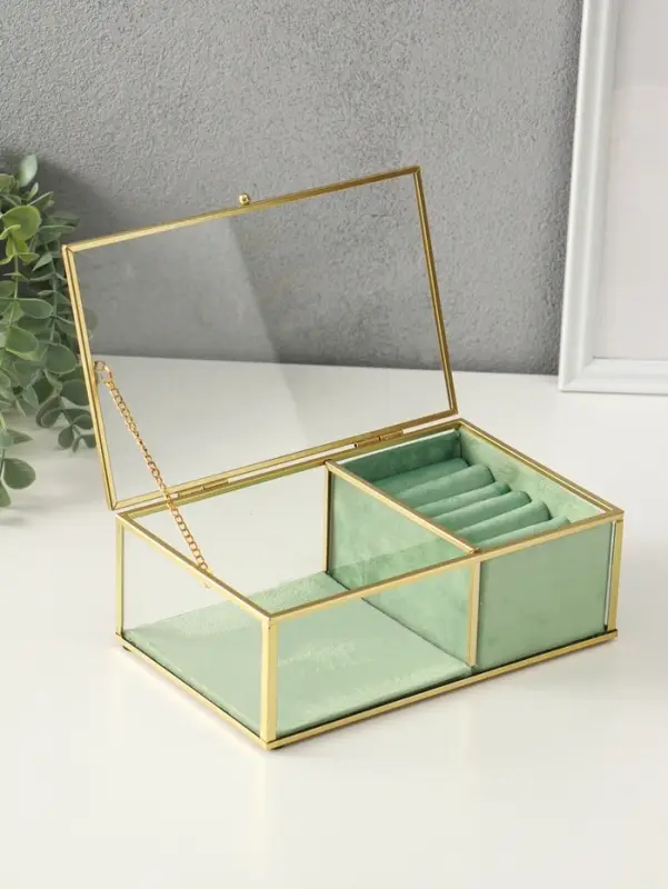 Шкатулка стекло с металлическим каркасом "Зелёная" 2 отделения 22х14,5х7,5