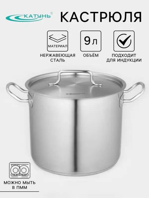 Кастрюля Катунь &laquo;Общепит&raquo;, 9 л, d=24 см, с крышкой, капсульное дно, индукция, нержавеющая сталь, хромированный
