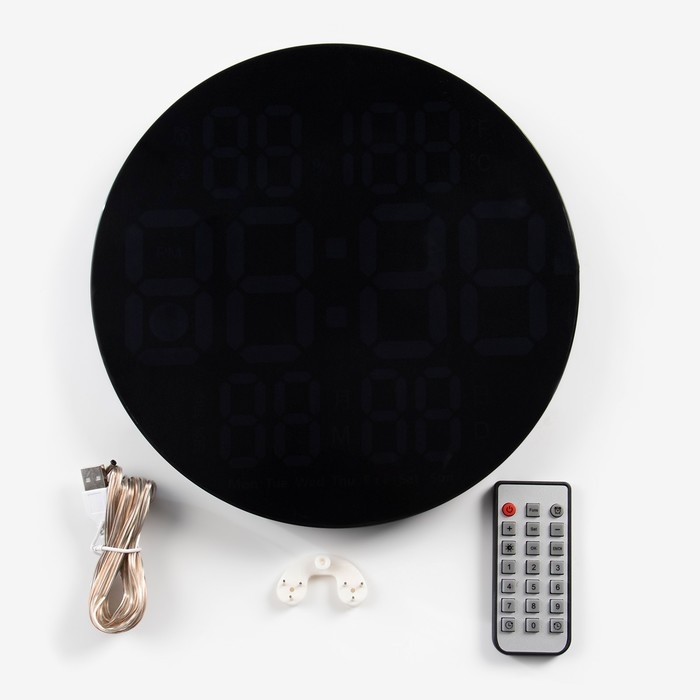 Часы настенные электронные, будильник, календарь, термометр, гигрометр, d-25 см, красные цифры 91977 Часы настенные электронные, будильник, календарь, термометр, гигрометр, d-25 см, красные цифры 91977