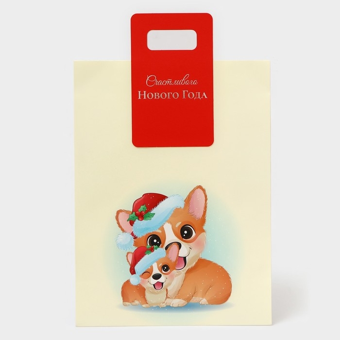 Пакет подарочный новогодний с вырубной ручкой Пакет подарочный новогодний с вырубной ручкой "Корги" 30 х 40 х 12 см.