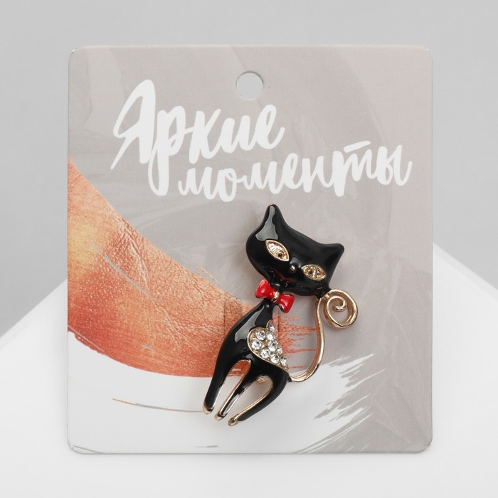 Брошь «Кошечка» с сердечком, цвет чёрный в золоте Брошь «Кошечка» с сердечком, цвет чёрный в золоте