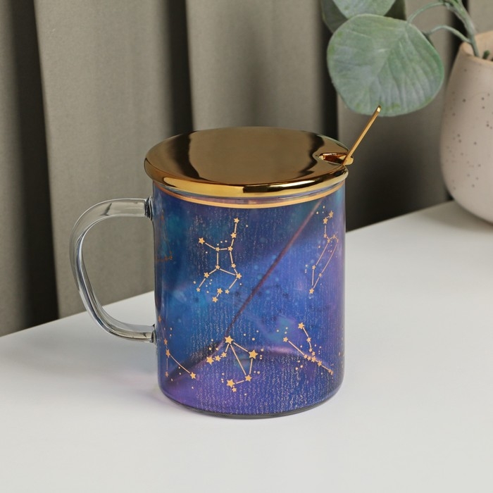 Кружка стеклянная с керамической крышкой и ложкой «Созвездие», 370 мл, цвет МИКС