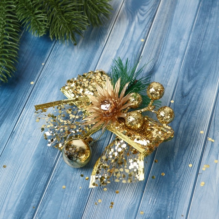 Украшение ёлочное Украшение ёлочное "Еловая композиция" (набор 3 шт) бант блеск цветок, 11х7 см, золото