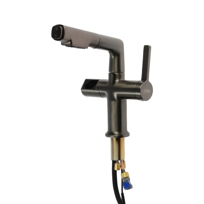 Смеситель для кухни ZEIN Z3782, экран температуры, вытяжной излив, высота 18-25 см, 2 режима