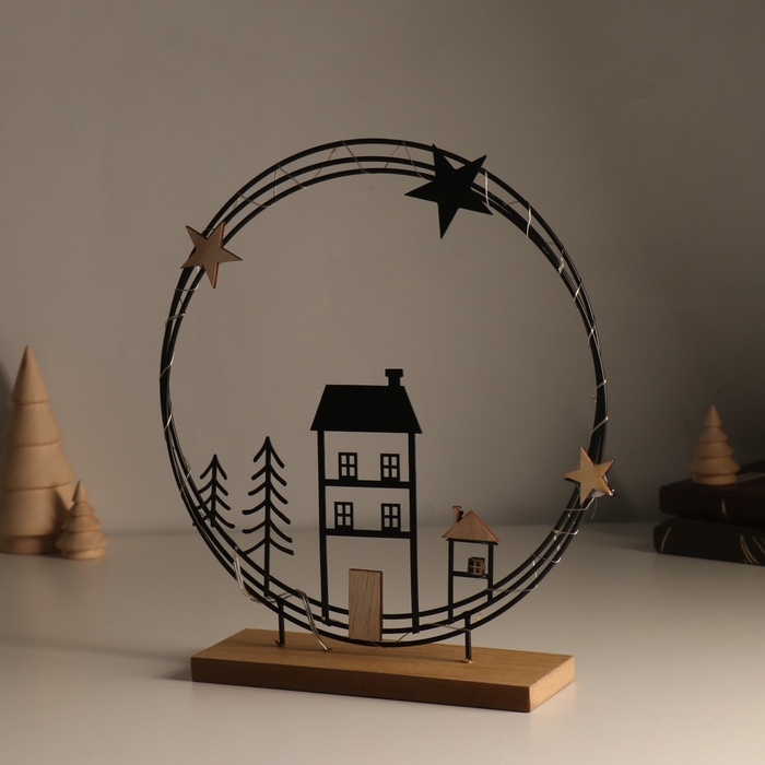 Сувенир металл, дерево свет Сувенир металл, дерево свет "Домики. Ночное небо" 6х25,5х26,5 см