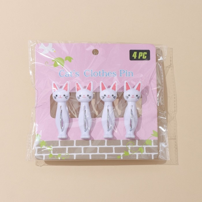 Прищепки бельевые «Коты», 7 см, 4 шт, цвет белый